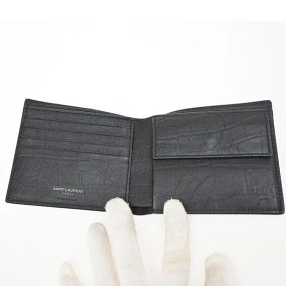 SAINT LAURENT YSL Logo Bifold Compact Wallet Embossing Leather BK Italy 84RL530 - Picture 9 of 13